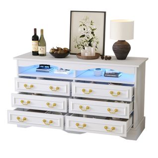 Commode à 6 Tiroirs, Commode De Salon, Avec Bande Lumineuse LED, Rangement Semi-ouvert, Blanc