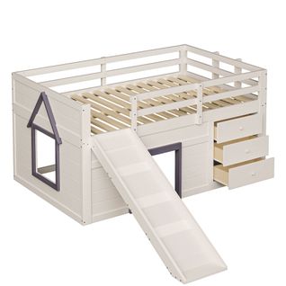 Lit Enfant Mi-haut 140x200 Cm En Bois De Pin Avec Toboggan Et 3 Tiroirs, Espace De Jeu, Crème