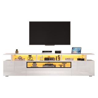 Meuble TV 180 Cm Blanc Brillant Avec LED, 2 Portes Et Tiroir, Rangements Ouverts, Téléviseur 75''