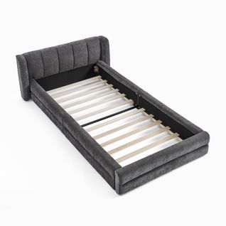 Lit Enfant 90x200 Cm, Tête De Lit Oreilles Et Sommier, Lit Bas Au Sol Sans Pieds, Tissu Gris Foncé