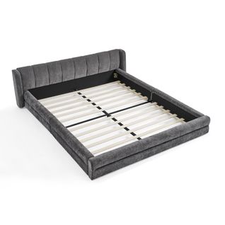 Lit Adulte 160x200 Cm Chenille Gris Foncé, Tête De Lit à Oreilles, Structure Bas Métal-bois