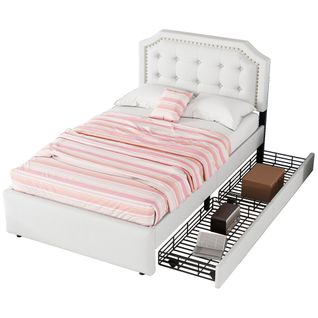 Lit 90x200 Cm Avec Rangement - Lit Simple Capitonné, 2 Tiroirs, Tête Courbée Cloutée - Lin Beige