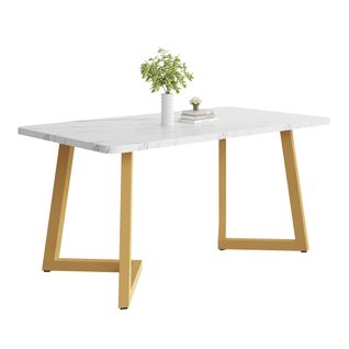 Table à Manger Rectangulaire Avec Plateau Effet Marbre Et Pieds Métal Doré – Blanc/doré