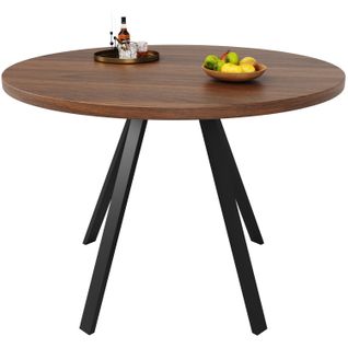 Table à Manger Ronde Avec Pieds En Métal Noirs, Plateau En Bois Finition Noyer – Brun