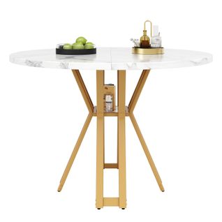 Table Ronde, Plateau Mdf Marbre, Pieds Métal Doré – Blanc Et Or, Design Élégant