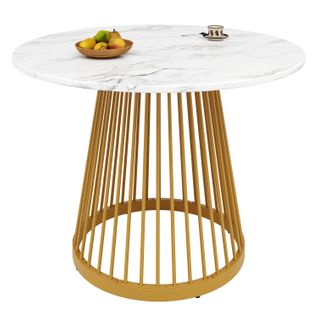 Table à Manger Ronde Avec Plateau Effet Marbre, Mdf Et Pieds Métal Doré – Or Et Blanc