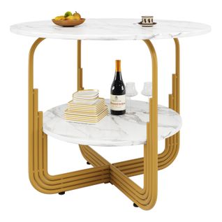 Table Ronde Avec Rangements, Plateau Mdf Marbré – Or, Cuisine Et Salon