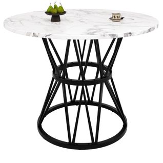 Table à Manger Ronde Avec Pieds Métalliques, Plateau Mdf Motif Marbre Élégant - Noir