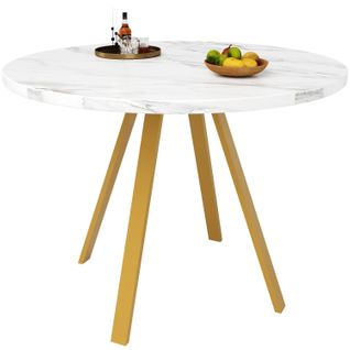 Table à Manger Ronde Avec Pieds Métalliques, Plateau Mdf Élégant, 80 X 80 X 75 Cm - Blanc Et Or