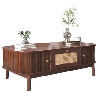 Table Basse Rotin 2 Tiroirs, Portes Coulissantes, Pieds Bois Massif, Marron