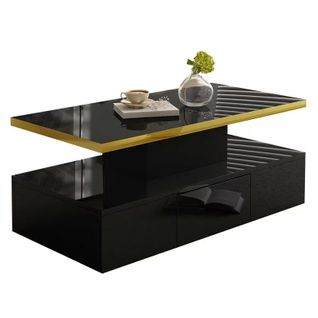 Table Basse Avec LED Et Tiroir, Niveaux De Rangement, Panneaux De Particules, Noir