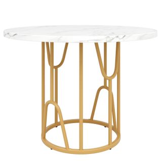 Table à Manger Ronde, Effet Marbre Blanc, Pieds Dorés, Mdf/métal, 4 à 6 Personnes
