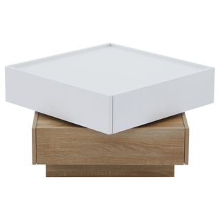 Table Basse Carrée, Table Basse Pivotante 360° Avec Double Plateau Et 2 Tiroirs, Blanc/noyer