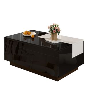 Table Basse Moderne, LED Multicolore, Rangement Caché, Plateau Coulissant Extensible, Mdf Noir