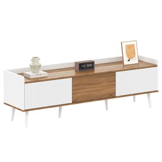 Meuble TV Bas Compact, Rangement, Portes, Design Moderne Imitation Bois, Blanc
