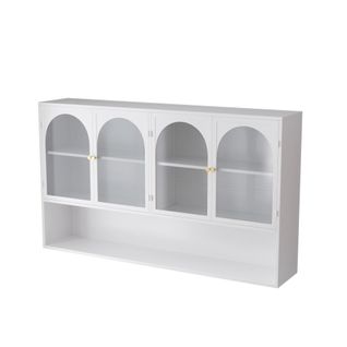 Armoire Murale 4 Portes Vitrées, Grande Capacité, Cuisine/salon/salle De Bain, Verre/métal, Blanc