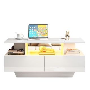 Table Basse Avec LED, 2 Tiroirs Et Rangements Intégrés - Plateau Laqué Haute Brillance - Blanc