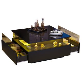 Table Basse Carrée Avec LED Et 2 Tiroirs, Vitrine Transparente Et Plateau Laqué - Noir