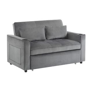 Canapé Droit Convertible 2 Places, Porte-gobelets, Dossier Réglable - Velours Gris