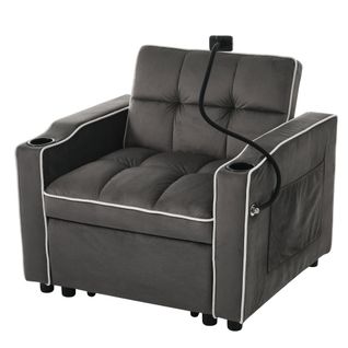 Fauteuil Convertible 1 Place, Porte-gobelets, Support Téléphone, Rangement, Velours Gris Foncé