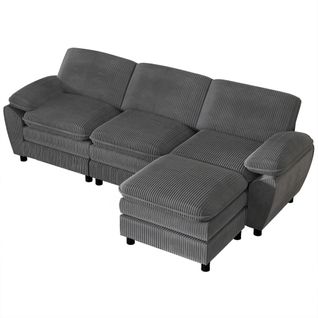 Canapé D'angle Modulable 3 Places, Style Moderne, Coussins Amovibles, Velours Côtelé - Gris Foncé