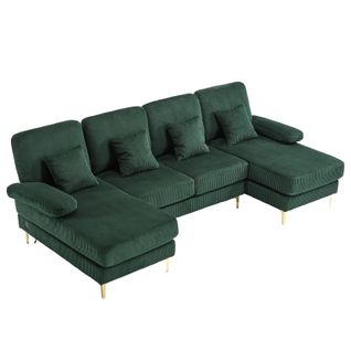 Canapé D’angle Modulable 4 Places, LED Et Port USB-c, 4 Coussins, Velours - Émeraude
