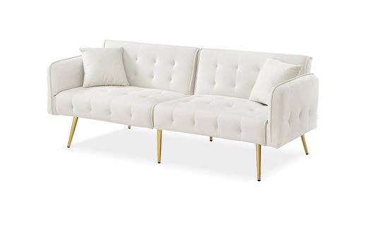 Canapé Droit Convertible 2 Places, Dossier 3 Positions, Accoudoirs 6 Positions, Velours - Blanc