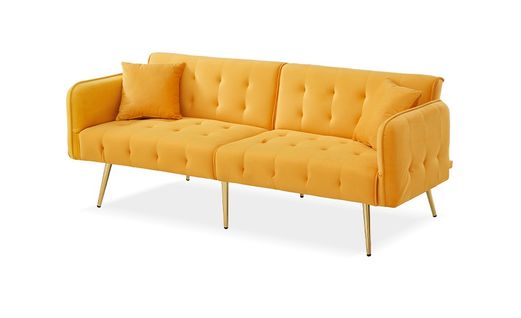 Canapé Droit Convertible 2 Places, Dossier 3 Positions, Accoudoirs 6 Positions, Velours - Orange