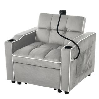 Fauteuil Convertible 1 Place, Porte-gobelets, Support Téléphone, Rangement, Velours Gris Clair