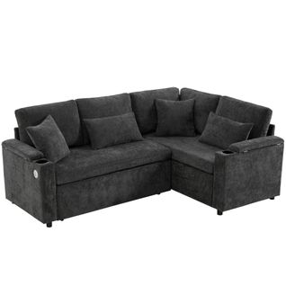 Canapé D’angle Convertible Avec Coffre, Porte-gobelets, Ports USB Et 4 Coussins Inclus, Gris Foncé