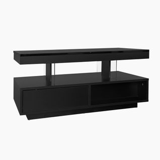 Table Basse LED, 2 Tiroirs, 2 Niches Ouvertes, Laquée Brillante, Plaques Verre, Salon Moderne, Noir