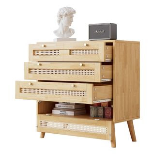 Commode 3 Tiroirs Avec Cannage, Bois, Poignées Dorées, Rangement Élégant, Naturel