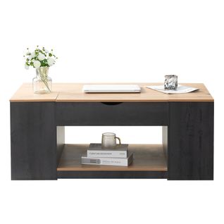 Table Basse Relevable, 3 Compartiments, Rangement Ouvert, Mdf, Gris/brun