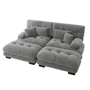 Canapé 2 Places, Canapé En Chenille Gris Avec 2 Coussins Lombaires, 2 Oreillers Et 2 Poufs