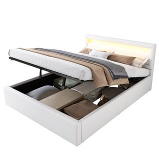 Lit 140x190cm, lit Coffre, lit 2 Places, sommier, moderne, led , tête De Lit, pu, mdf, blanc