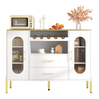 Buffet Bas 120x38x90 Cm, 2 Tiroirs, 2 Portes En Verre Ovales, Vin Intégré, Mdf, Blanc+ Doré