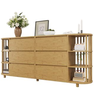 Buffet Bas 160x40x75cm, 6 Tiroirs, Naturel, Système Anti-bascule, Bambou, Mdf, Couleur Bois