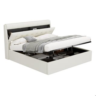 Lit 180x200cm, Lit Double, Lit Coffre, Lit Adulte, Sommier, Moderne, Tête De Lit, Pu, Blanc