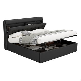 Lit 180x200cm, Lit Double, Lit Coffre, Lit Adulte, Sommier, Moderne, Tête De Lit, Pu, Noir