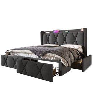 Lit 160x200cm, Lit Double, Sommier, 4 Tiroirs, Tête De Lit, Moderne, USB, Lin, Gris Foncé