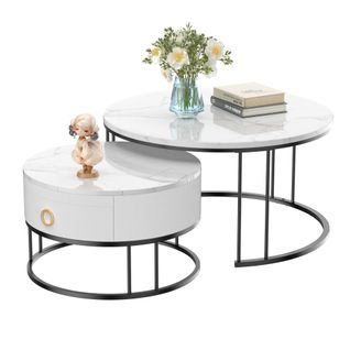 Table Basse Gigogne 2 Pièces - Tables Rondes Empilables Pour Salon - 70 Et 50 Cm - Blanc Et Noir