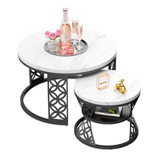 Table Basse Gigogne 2p - Rondes Empilables Effet Marbre Avec Pied Métal - Blanc/noir