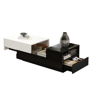 Table Basse Moderne Avec 2 Tiroirs Et Plateau Coulissant, Rangement Salon, Blanc/noir