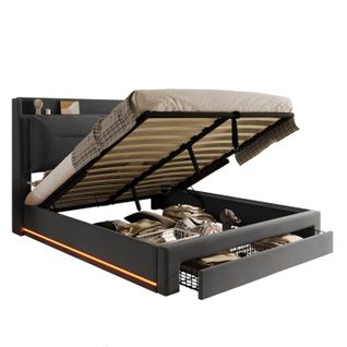 Lit Coffre 140x190 Cm - Lit Double Avec Tiroirs Et Éclairage LED - Velours - Gris