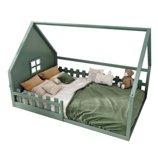 Lit Cabane 140x200 Cm - Lit Enfant Avec Cadre Sécurisé - Pin + Mdf - Vert