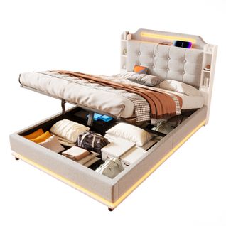 Lit Coffre 140x200 Cm - Lit Déco Avec Port USB Et Type-c - Lin + Mdf - Beige