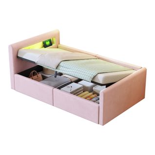 Lit Coffre 90x200 Cm - Lit Simple Avec LED Et Port USB, Rangement Intégré, Velours Et Métal - Rose