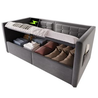 Lit Banquette 90x190 Cm - Coffre Latéral Hydraulique, USB Et Type-c, Velours Gris