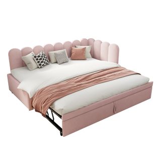 Lit Gigogne 90x200 Cm - Lit Enfant Extensible Avec Rangement, Velours 2-en-1 Multifonction - Rose