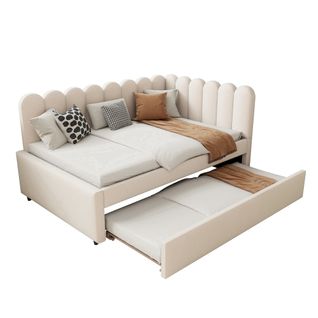 Lit Gigogne 140x200 Cm - Lit Enfant Extensible L-forme Avec Rangement - Velours Beige